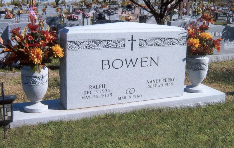 Bowen Gray Granite Headstone and Oak Leaf Vases
